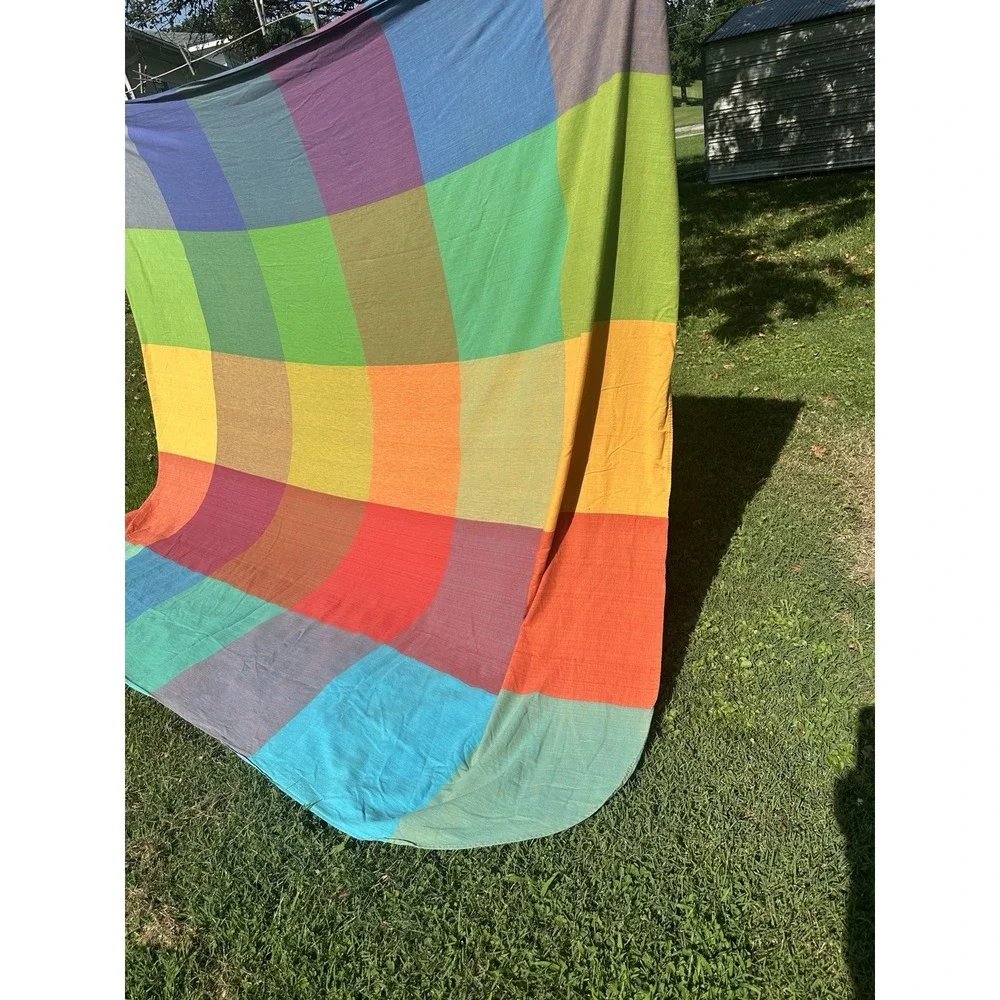 Vtg Bates Bedspread DoubleSize Rainbow Patchwork Plaid Cotton Woven Boho 60s uSA